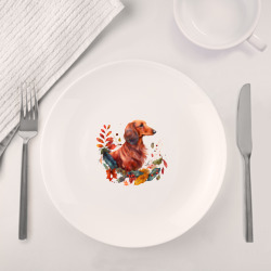 Набор: тарелка + кружка Такса рыжая длинношерстная осенний арт - фото 2