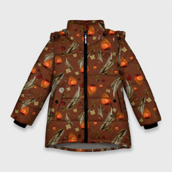 Зимняя куртка для девочек 3D Перья и физалис brown