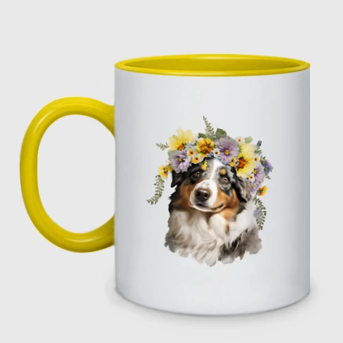 Кружка двухцветная с принтом Австралийская овчарка аусси в венке из цветов, вид спереди #2