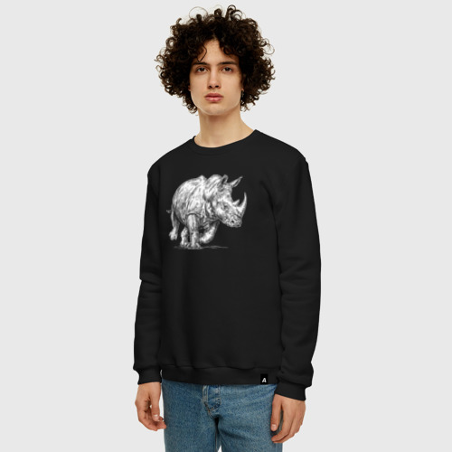Мужской свитшот хлопок с принтом Белый носорог бежит, фото на моделе #1