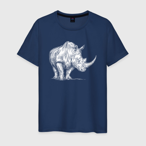 Мужская футболка из хлопка с принтом Белый носорог стоит, вид спереди №1