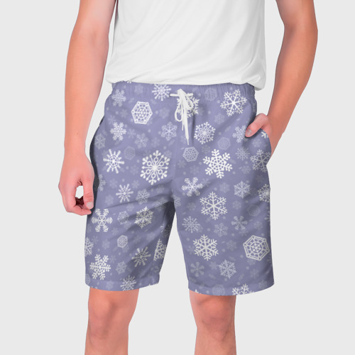Мужские шорты 3D с принтом Снежинки на васильковом, вид спереди #2