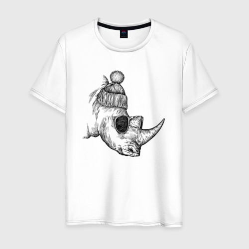 Мужская футболка из хлопка с принтом Носорог модный, вид спереди №1