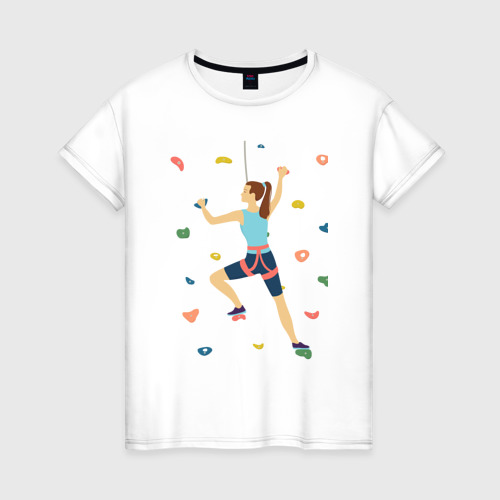 Женская футболка из хлопка с принтом Скалолазка лезет по скалодрому, вид спереди №1