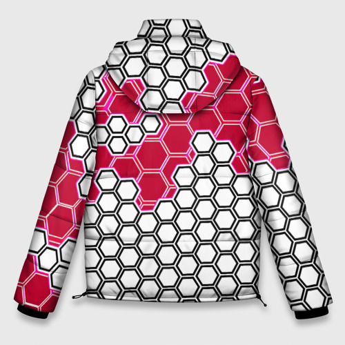 Мужская зимняя куртка 3D с принтом Красная энерго-броня из шестиугольников, вид сзади #1