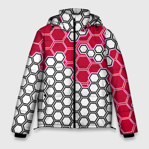 Мужская зимняя куртка 3D с принтом Красная энерго-броня из шестиугольников, вид спереди #2