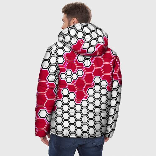 Мужская зимняя куртка 3D с принтом Красная энерго-броня из шестиугольников, вид сзади #2