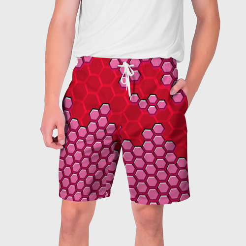 Мужские шорты 3D с принтом Красная энерго-броня из шестиугольников, вид спереди #2