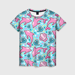 Женская футболка 3D Летний узор с розовыми дельфинами