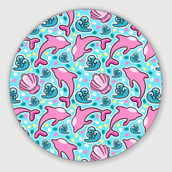 Круглый коврик для мышки Летний узор с розовыми дельфинами