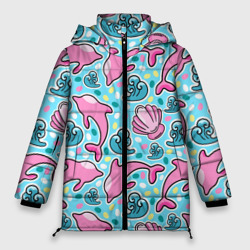 Женская зимняя куртка Oversize Летний узор с розовыми дельфинами