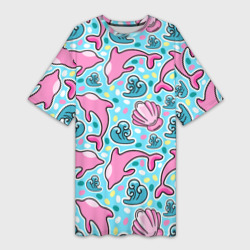 Платье-футболка 3D Летний узор с розовыми дельфинами