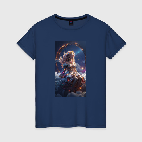 Женская футболка хлопок Аниме девушка ангел на облаке, цвет темно-синий