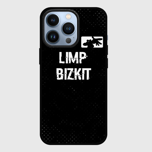 Чехол для iPhone 13 Pro с принтом Limp Bizkit glitch на темном фоне посередине, вид спереди #2