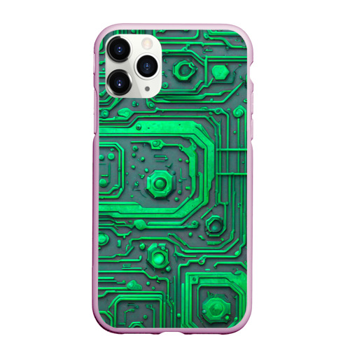 Чехол для iPhone 11 Pro Max матовый Неоновая плата с микросхемами и гайками, цвет розовый