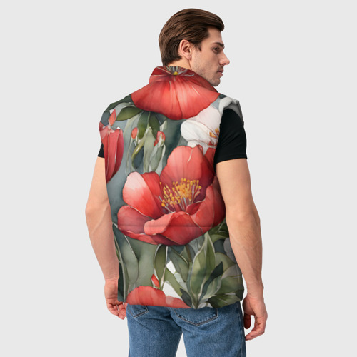 Мужской жилет утепленный 3D с принтом Красные и белые акварельные цветы, вид сзади #2
