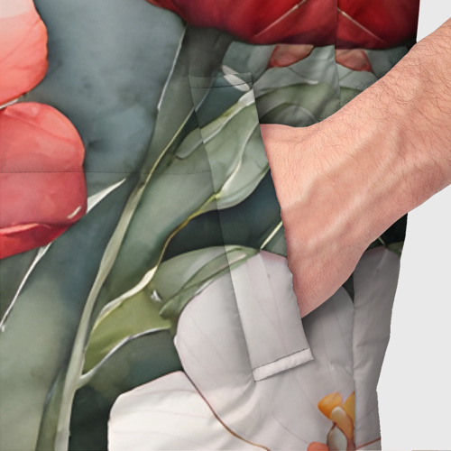 Мужской жилет утепленный 3D с принтом Красные и белые акварельные цветы, фото #4