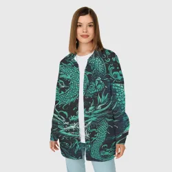 Женская рубашка oversize 3D Дракон бирюзового цвета - фото 2