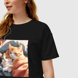 Женская футболка хлопок Oversize Милые котята под одеялом - фото 2