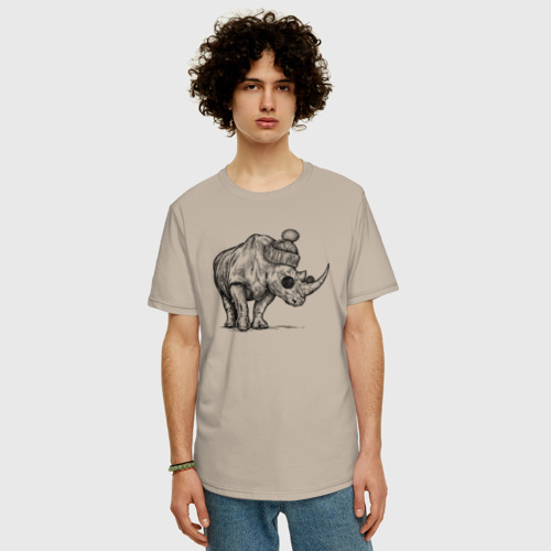 Мужская футболка хлопок Oversize с принтом Носорог стильный, фото на моделе #1