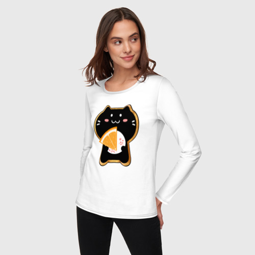 Женский лонгслив хлопок с принтом Бомбейский кот-печенье, фото на моделе #1