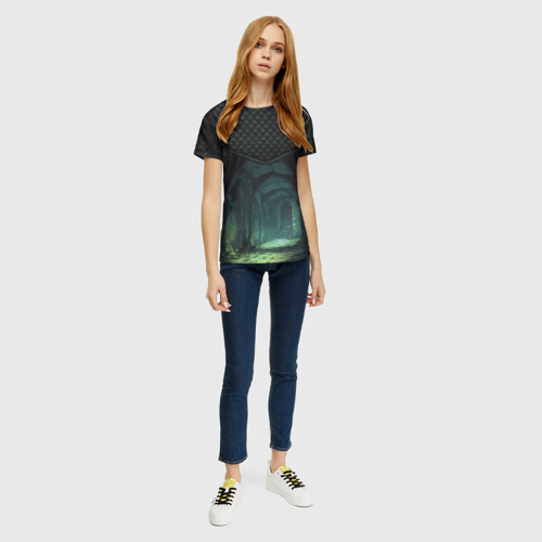 Женская футболка 3D с принтом Стеганные ромбы: стрельчатые арки катакомб, вид сбоку #3