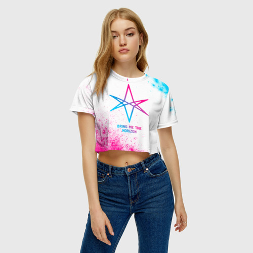 Женская футболка Crop-top 3D Bring Me the Horizon neon gradient style, цвет 3D печать - фото 4