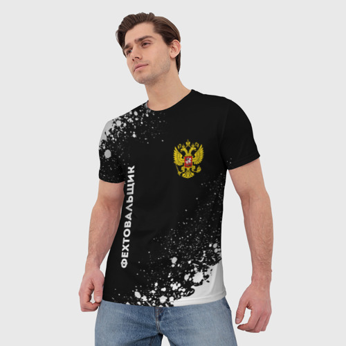 Мужская футболка 3D с принтом Фехтовальщик из России и герб РФ вертикально, фото на моделе #1