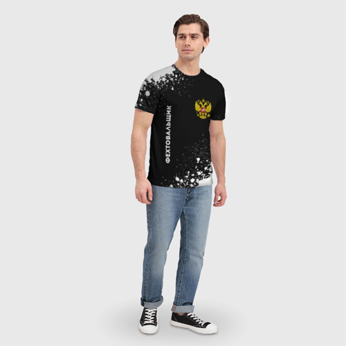 Мужская футболка 3D с принтом Фехтовальщик из России и герб РФ вертикально, вид сбоку #3