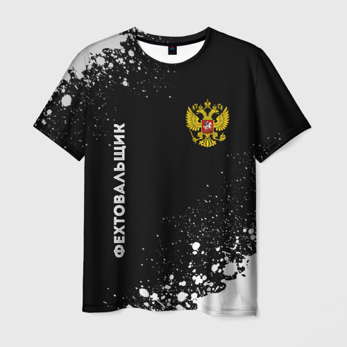 Мужская футболка 3D с принтом Фехтовальщик из России и герб РФ вертикально, вид спереди #2