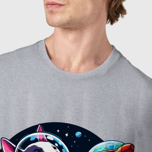 Мужская футболка хлопок с принтом Бультерьер с костью в космосе - нейросеть, фото #4