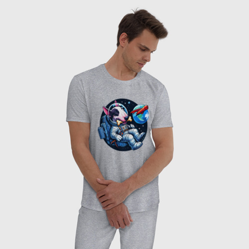Мужская пижама хлопок с принтом Бультерьер с костью в космосе - нейросеть, фото на моделе #1