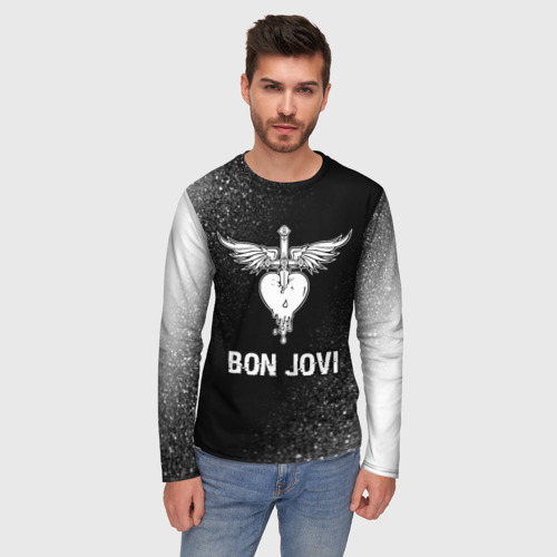 Мужской лонгслив 3D с принтом Bon Jovi glitch на темном фоне, фото на моделе #1