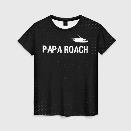 Женская футболка с принтом Papa Roach glitch на темном фоне посередине, вид спереди №1