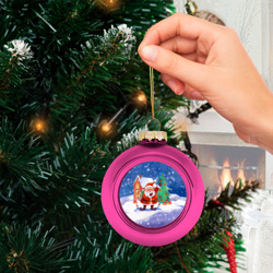 Стеклянный ёлочный шар Дед Мороз с мешком и елкой - фото 2