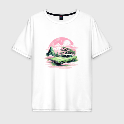 Мужская футболка хлопок Oversize с принтом Ретро автомобиль на розовом закате, вид спереди #2