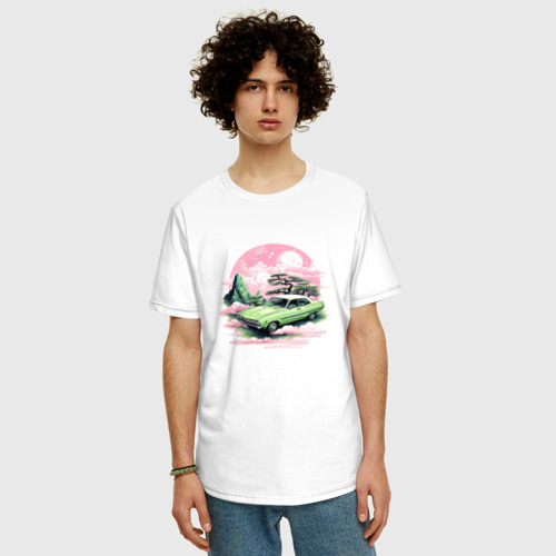 Мужская футболка хлопок Oversize с принтом Ретро автомобиль на розовом закате, фото на моделе #1