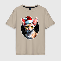 Мужская футболка хлопок Oversize Кот породы Девон-рекс в новогодней шапке