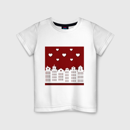 Детская футболка из хлопка с принтом Белые картонные домики и сердца, вид спереди №1