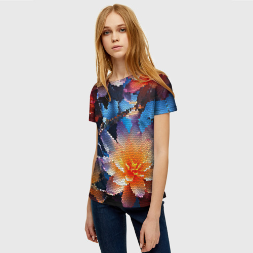 Женская футболка 3D Мозаика крупные цветы, цвет 3D печать - фото 3
