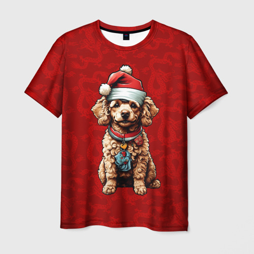 Мужская футболка 3D с принтом Новогодний пёсик - паттерн с драконом, вид спереди #2