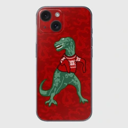 Чехол для iPhone 15 силиконовый с защитой камеры Динозавр в свитере - новогодние драконы
