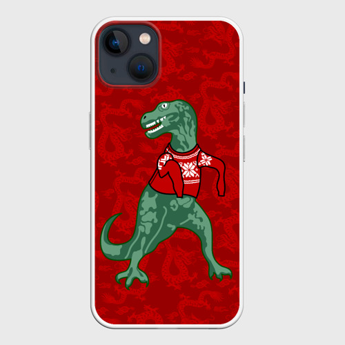Чехол для iPhone 14 Plus с принтом Динозавр в свитере - новогодние драконы, вид спереди №1