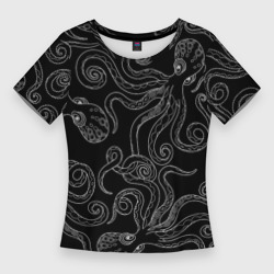 Женская футболка 3D Slim Черные осьминоги в темноте