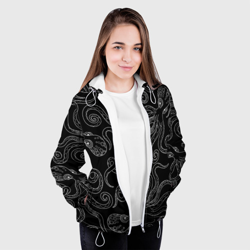 Женская куртка 3D Черные осьминоги в темноте, цвет белый - фото 4