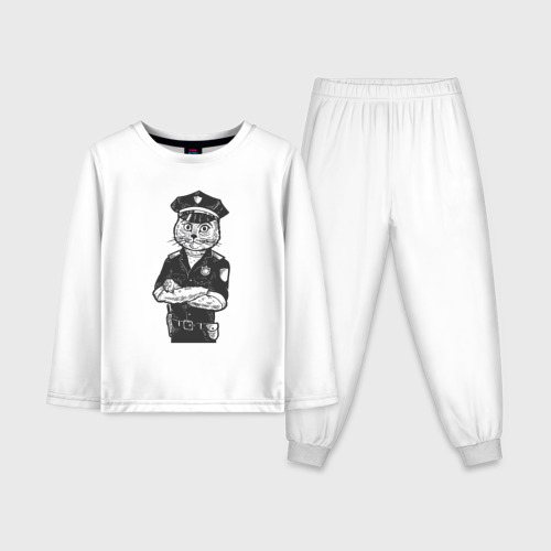Детская пижама с лонгсливом хлопок с принтом Кот полицейский, вид спереди #2