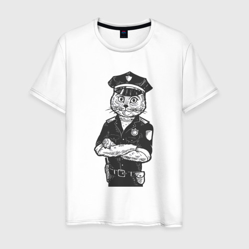 Мужская футболка из хлопка с принтом Кот полицейский, вид спереди №1
