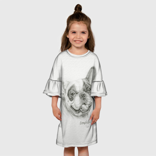 Детское платье 3D с принтом Французский бульдог  текстура стены, вид сбоку #3