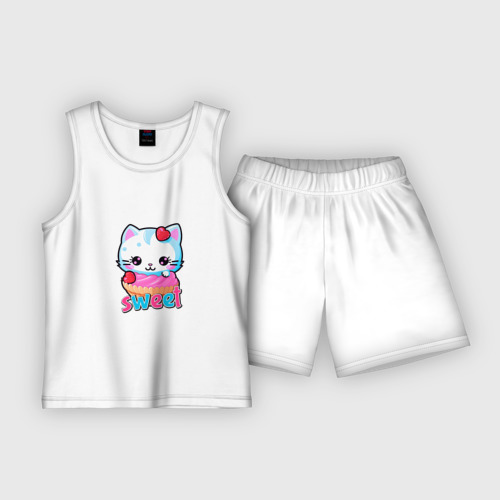 Детская пижама с шортами хлопок Котёнок и сладости, цвет белый