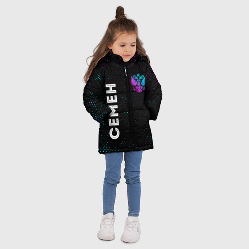 Зимняя куртка для девочек 3D Семен и неоновый герб России вертикально, цвет черный - фото 5
